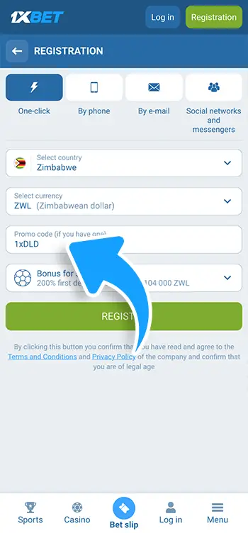 Step 2 - Enter the 1xBet promo code during signup