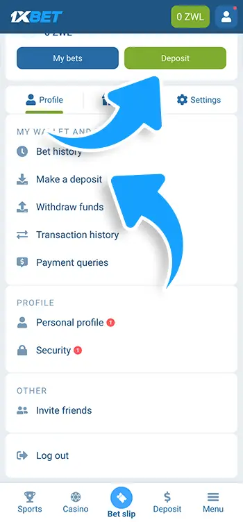 Step 2 - Press the Deposit option on the homepage