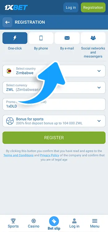 Step 3 - Choose a 1xBet registration method