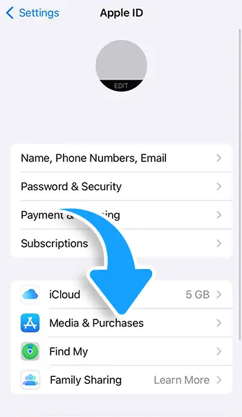 Step 3 - Tap Media & Purchases then View Account